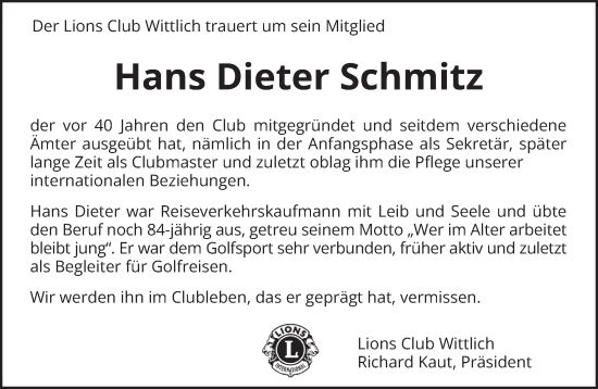 Todesanzeige von Hans Dieter Schmitz von trierischer_volksfreund
