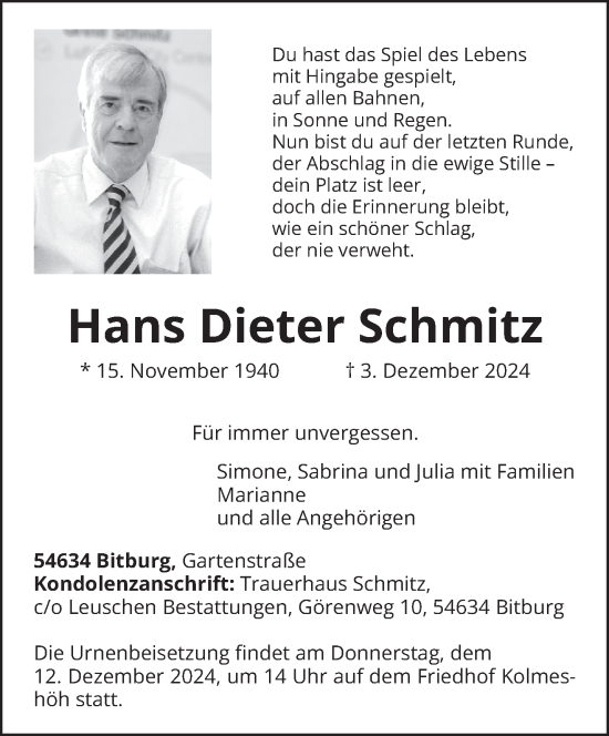 Todesanzeige von Hans Dieter Schmitz von trierischer_volksfreund