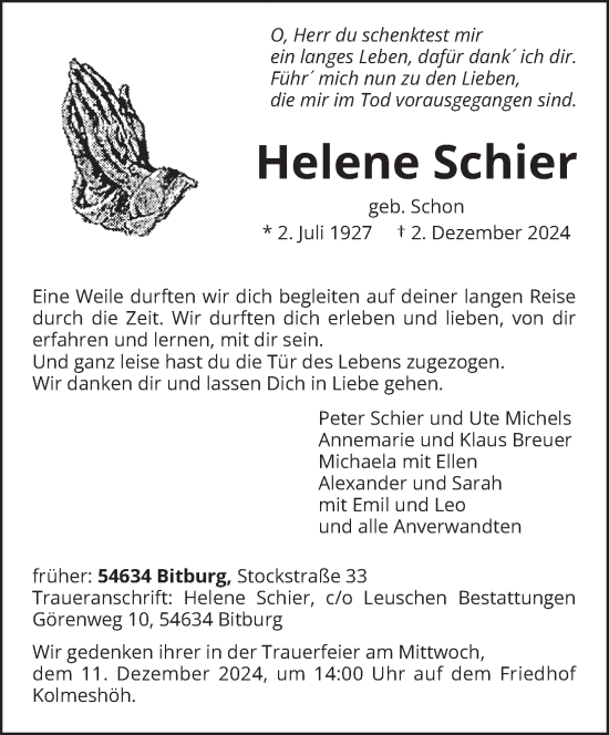 Todesanzeige von Helene Schier von trierischer_volksfreund