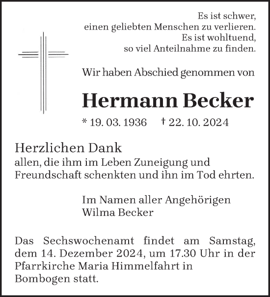 Todesanzeige von Hermann Becker von trierischer_volksfreund