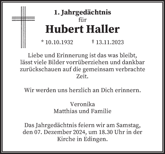 Todesanzeige von Hubert Haller von trierischer_volksfreund