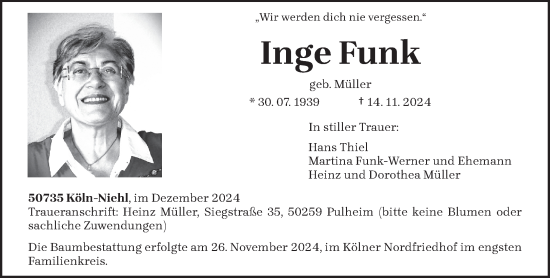 Todesanzeige von Inge Funk von trierischer_volksfreund
