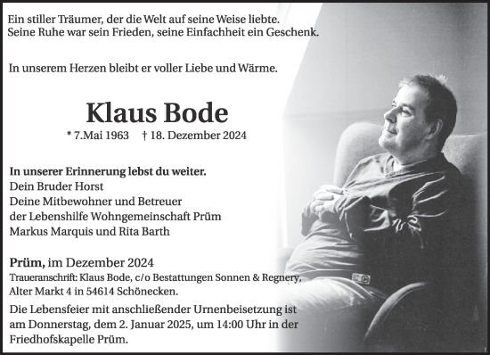 Todesanzeige von Klaus Bode von trierischer_volksfreund