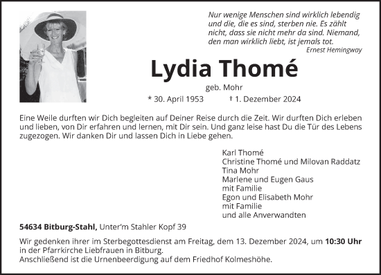 Todesanzeige von Lydia Thome von trierischer_volksfreund