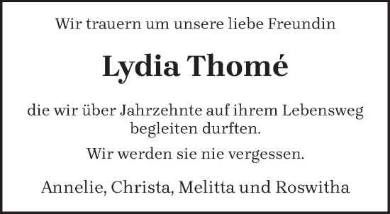 Todesanzeige von Lydia Thome von trierischer_volksfreund