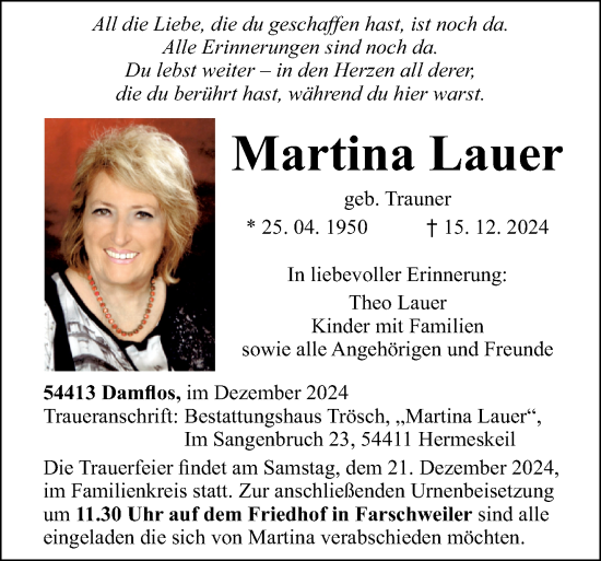 Todesanzeige von Martina Lauer von trierischer_volksfreund