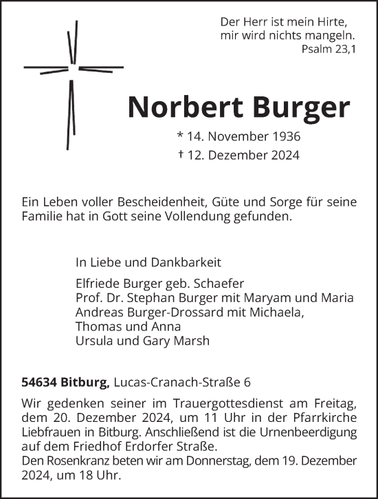 Todesanzeige von Norbert Burger von trierischer_volksfreund