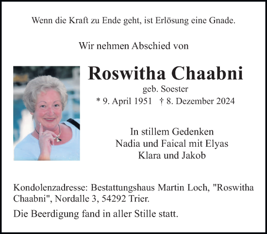 Todesanzeige von Roswitha Chaabni von trierischer_volksfreund