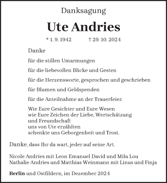 Todesanzeige von Ute Andries von trierischer_volksfreund