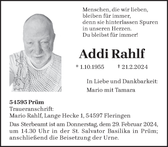 Todesanzeige von Addi Rahlf von trierischer_volksfreund