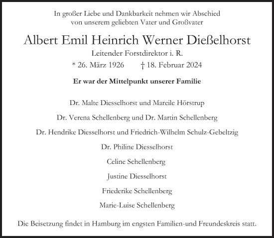 Todesanzeige von Albert Emil Heinrich Werner Dießelhorst von trierischer_volksfreund