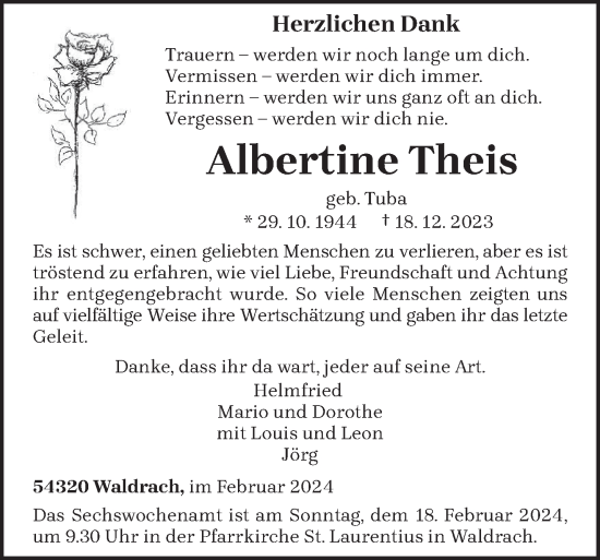 Todesanzeige von Albertine Theis von trierischer_volksfreund