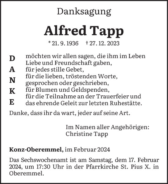 Todesanzeige von Alfred Tapp von trierischer_volksfreund