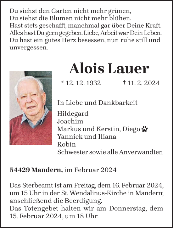 Todesanzeige von Alois Lauer von trierischer_volksfreund
