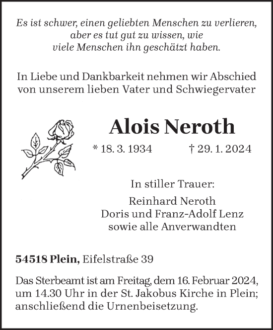 Todesanzeige von Alois Neroth von trierischer_volksfreund