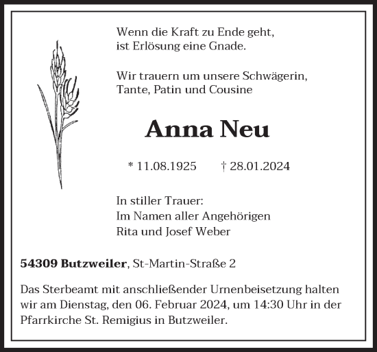 Todesanzeige von Anna Neu von trierischer_volksfreund