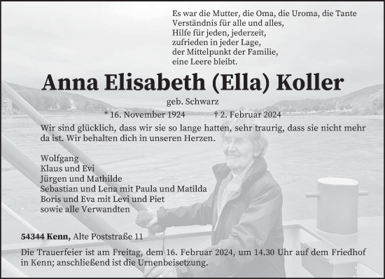 Todesanzeige von Anna Elisabeth Koller von trierischer_volksfreund