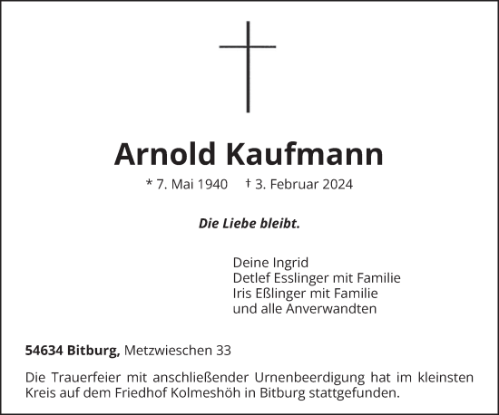 Todesanzeige von Arnold Kaufmann von trierischer_volksfreund