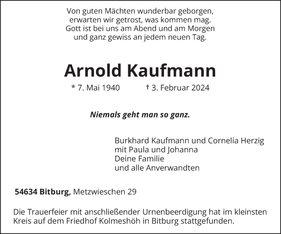 Todesanzeige von Arnold Kaufmann von trierischer_volksfreund