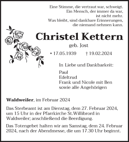 Todesanzeige von Christel Kettern von trierischer_volksfreund