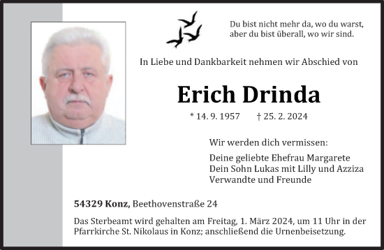 Todesanzeige von Erich Drinda von trierischer_volksfreund