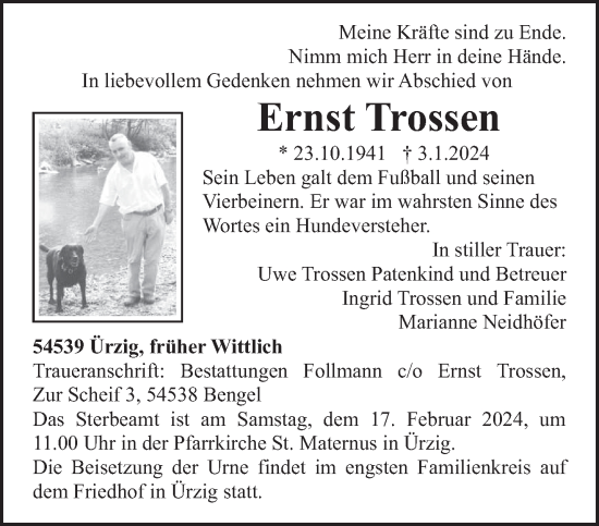 Todesanzeige von Ernst Trossen von trierischer_volksfreund