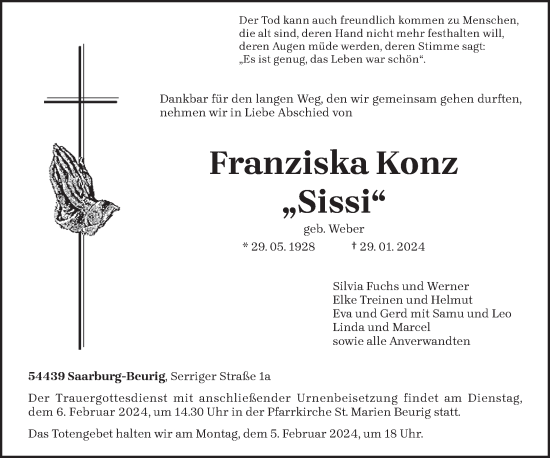 Todesanzeige von Franziska Konz von trierischer_volksfreund