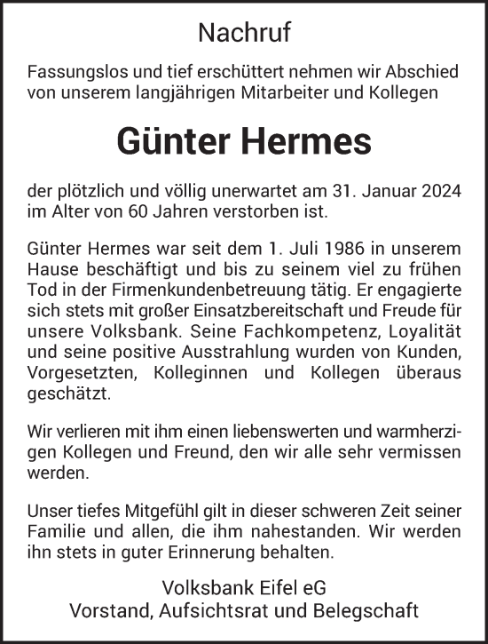 Todesanzeige von Günter Hermes von trierischer_volksfreund
