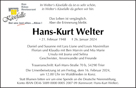 Todesanzeige von Hans-Kurt Welter von trierischer_volksfreund