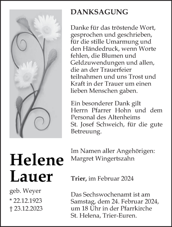Todesanzeige von Helene Lauer von trierischer_volksfreund