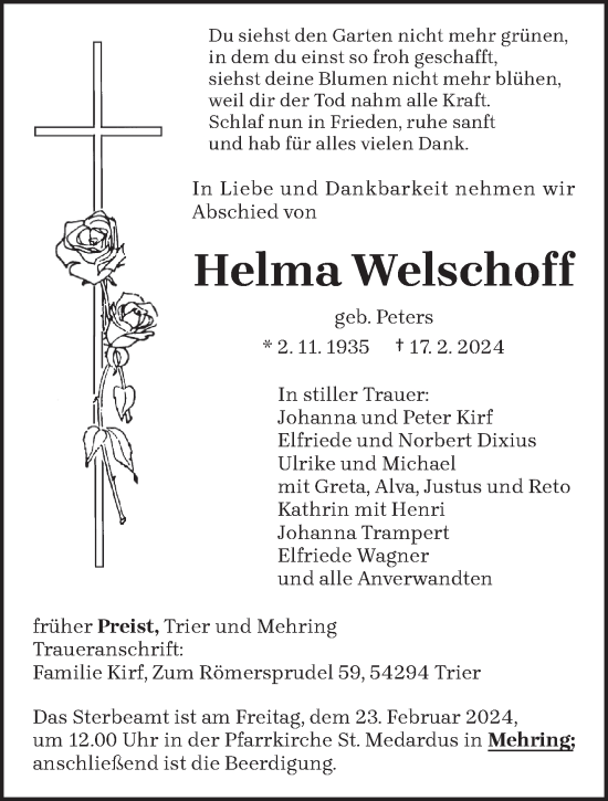 Todesanzeige von Helma Welschoff von trierischer_volksfreund