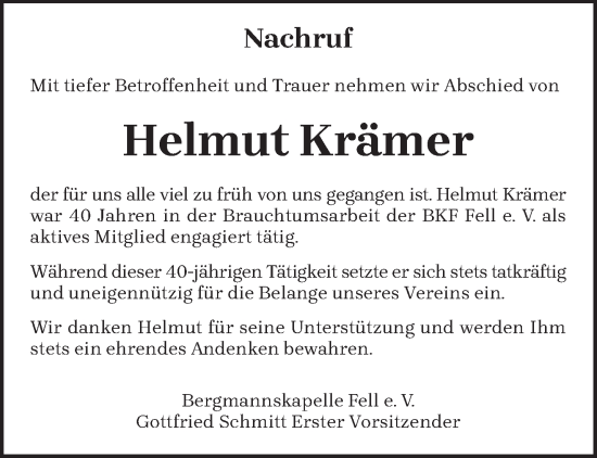 Todesanzeige von Helmut Krämer von trierischer_volksfreund
