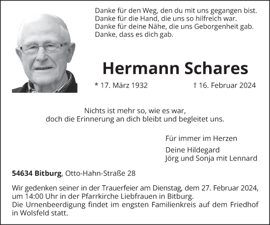 Todesanzeige von Hermann Schares von trierischer_volksfreund