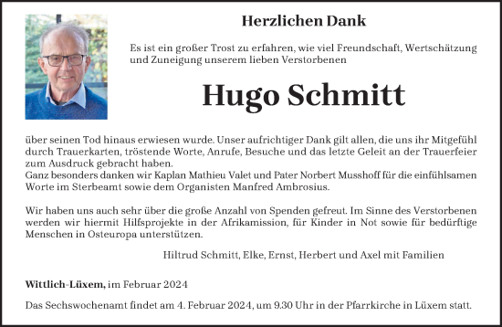 Todesanzeige von Hugo Schmitt von trierischer_volksfreund