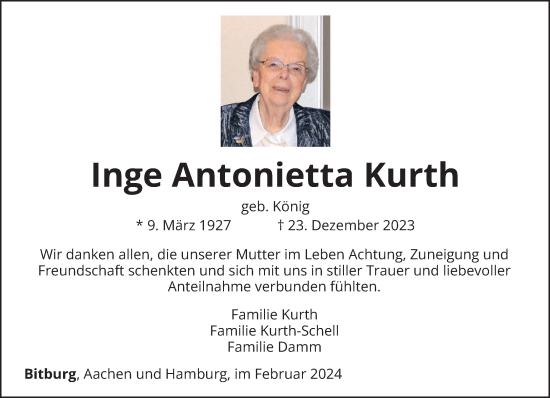 Todesanzeige von Inge Antonietta Kurth von trierischer_volksfreund