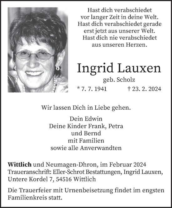 Todesanzeige von Ingrid Lauxen von trierischer_volksfreund