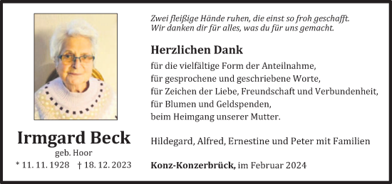 Todesanzeige von Irmgard Beck von trierischer_volksfreund