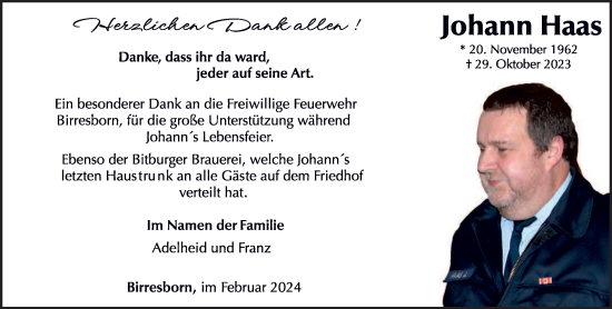 Todesanzeige von Johann Haas von trierischer_volksfreund