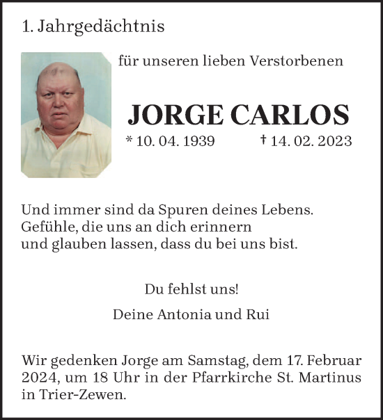 Todesanzeige von Jorgen Carlos von trierischer_volksfreund