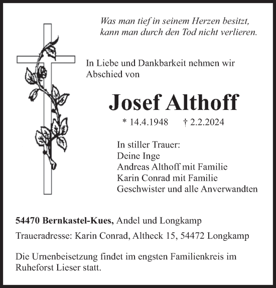 Todesanzeige von Josef Althoff von trierischer_volksfreund