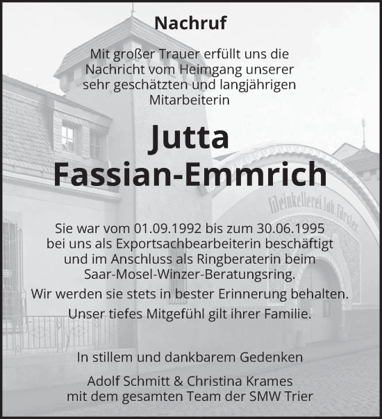 Todesanzeige von Jutta Fassian-Emmrich von trierischer_volksfreund