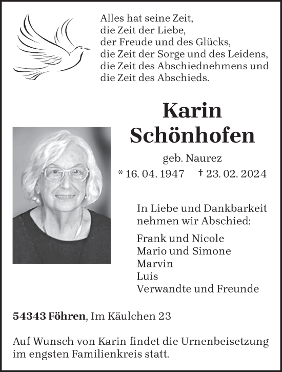 Todesanzeige von Karin Schönhofen von trierischer_volksfreund