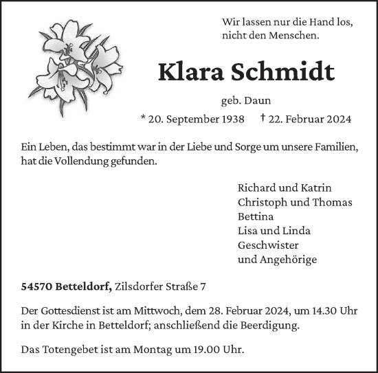 Todesanzeige von Klara Schmidt von trierischer_volksfreund
