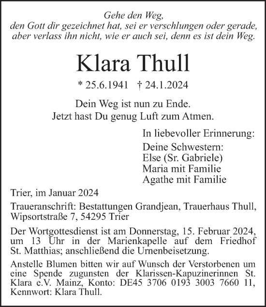 Todesanzeige von Klara Thull von trierischer_volksfreund