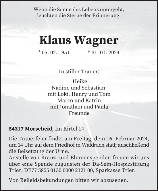 Todesanzeige von Klaus Wagner von trierischer_volksfreund