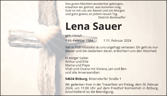 Todesanzeige von Lena Sauer von trierischer_volksfreund