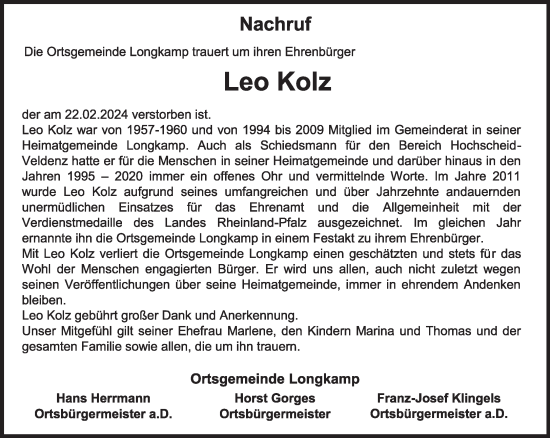 Todesanzeige von Leo Kolz von trierischer_volksfreund