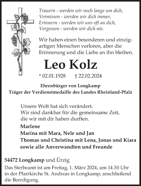 Todesanzeige von Leo Kolz von trierischer_volksfreund
