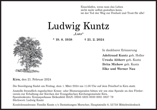 Todesanzeige von Ludwig Kuntz von trierischer_volksfreund