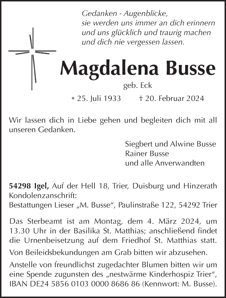  Traueranzeige für Magdalena Busse vom 24.02.2024 aus trierischer_volksfreund